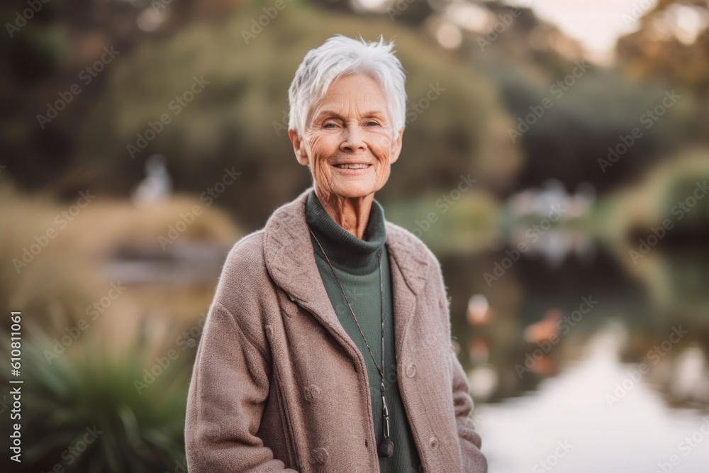 Portrait of smiling senior woman standing by lake on a sunny day Portrait of smiling senior woman standing by lake on a sunny day