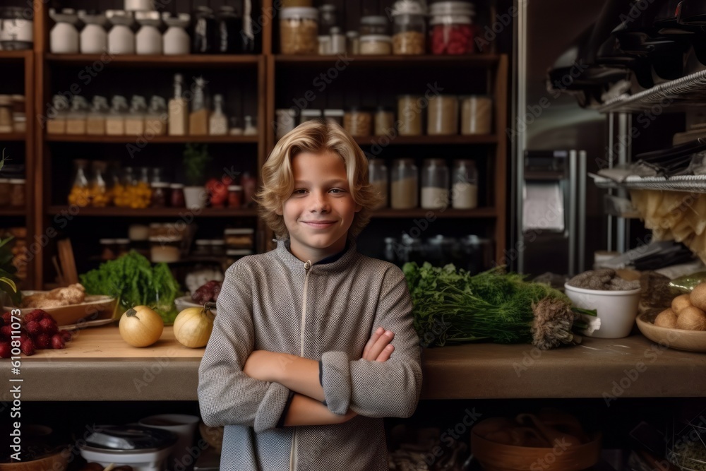 Portrait of smiling boy standing with arms crossed at counter in supermarket