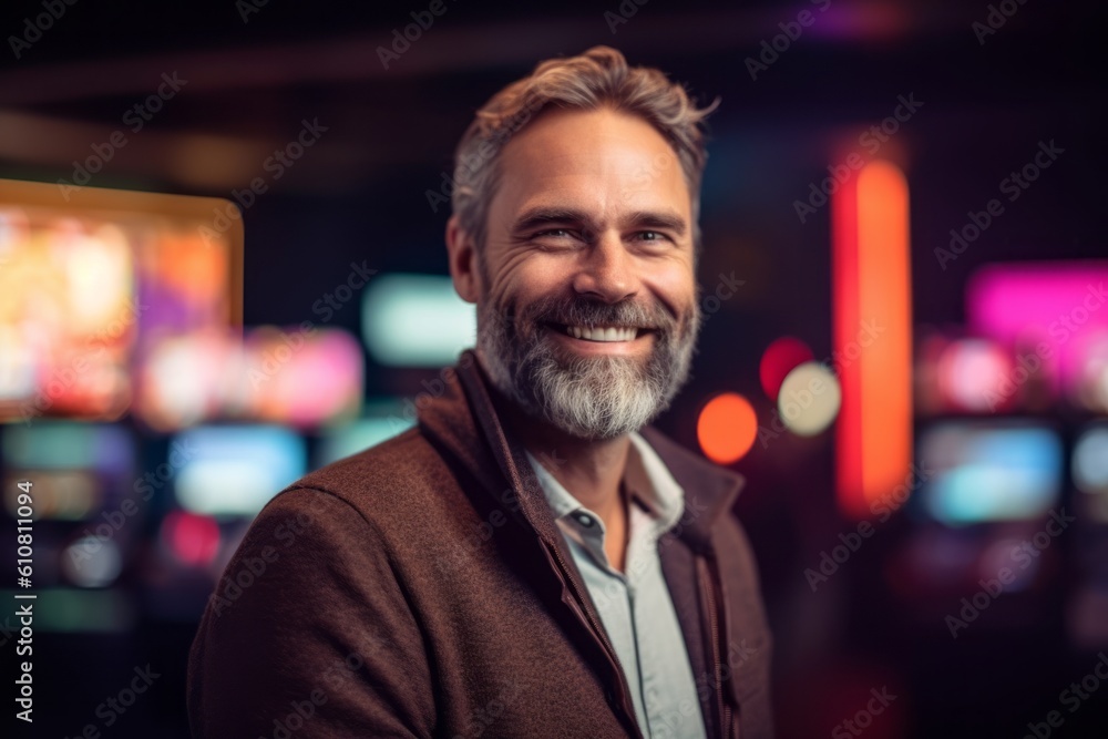 Portrait of a smiling mature man in a pub at night. Portrait of a smiling mature man in a pub at night.