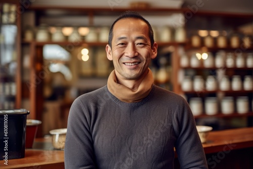 Portrait of a smiling asian man sitting in a coffee shop
