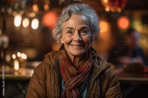 Portrait of smiling senior woman in cafe at night. Focus on woman