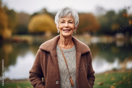Portrait of a smiling senior woman standing in the park on an autumn day