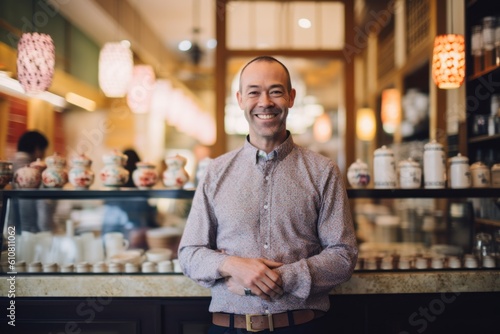 Medium shot portrait photography of a grinning man in his 40s that is wearing a chic cardigan against a bustling traditional tea house with servers and patrons background .  Generative AI