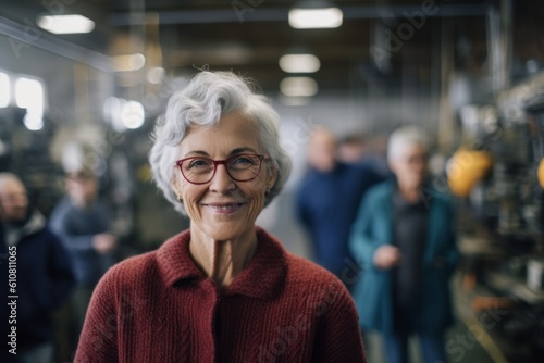 Portrait of senior woman with eyeglasses standing in industrial factory