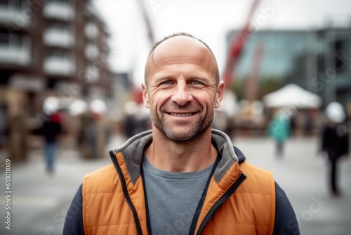 Medium shot portrait photography of a grinning man in his 40s that is wearing a chic cardigan against a busy construction site with cranes and builders background .  Generative AI