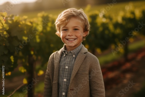 Portrait of a cute little boy in the vineyard at sunset
