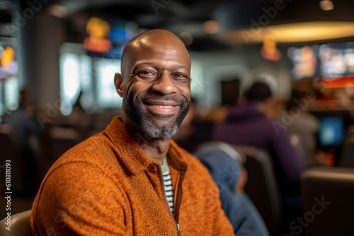 Portrait of happy african american man smiling at camera in cafe