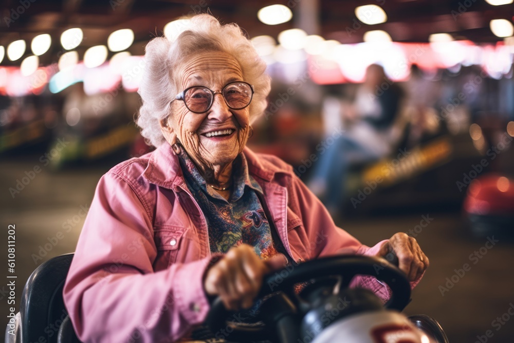 Elderly woman driving a bumper car in a fairground.