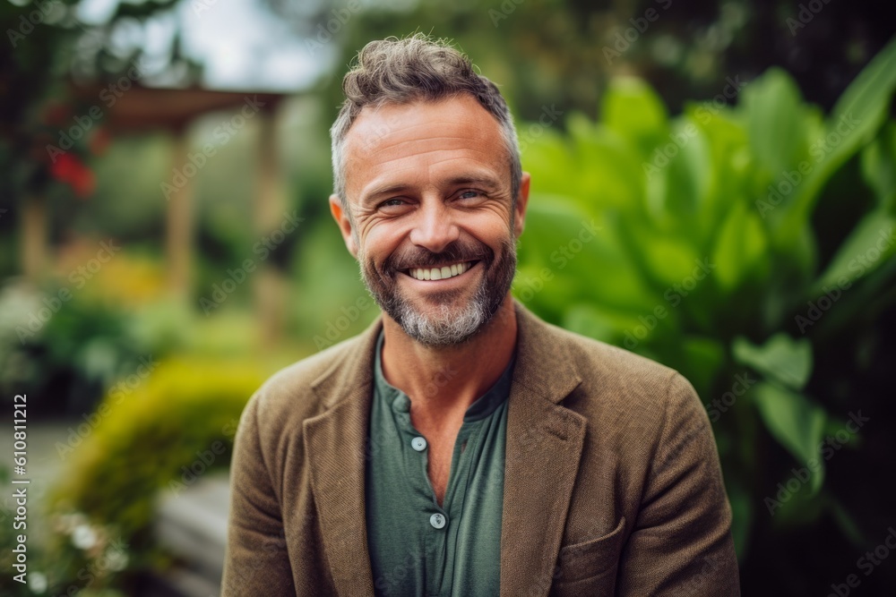 Medium shot portrait photography of a grinning man in his 40s that is wearing a chic cardigan against a garden or botanical background . Generative AI Medium shot portrait photography of a grinning man in his 40s that is wearing a chic cardigan against a garden or botanical background . Generative AI