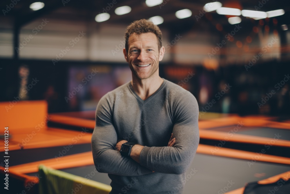 Fototapeta premium Portrait of smiling man standing with arms crossed in fitness center.