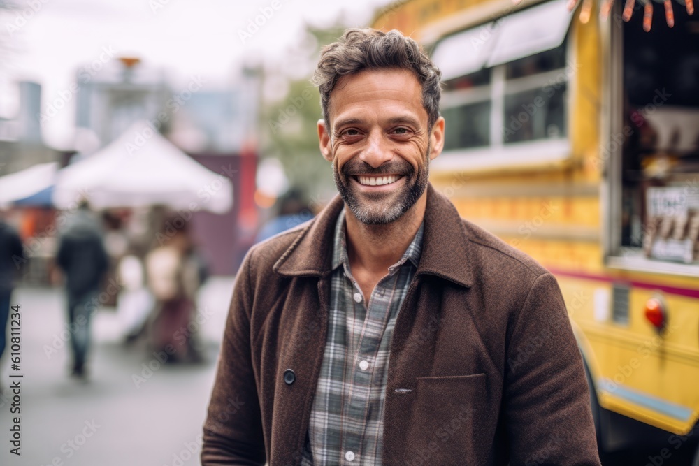 Portrait of handsome man smiling while standing at the street market.