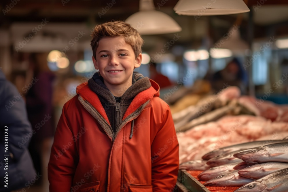 Portrait of a boy in a red jacket at the fish market