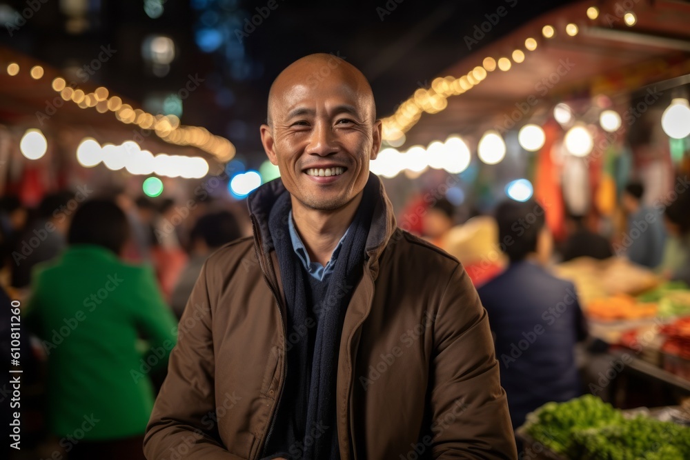 Fototapeta premium Medium shot portrait photography of a grinning man in his 40s that is wearing a chic cardigan against a lively night market with street food vendors background . Generative AI