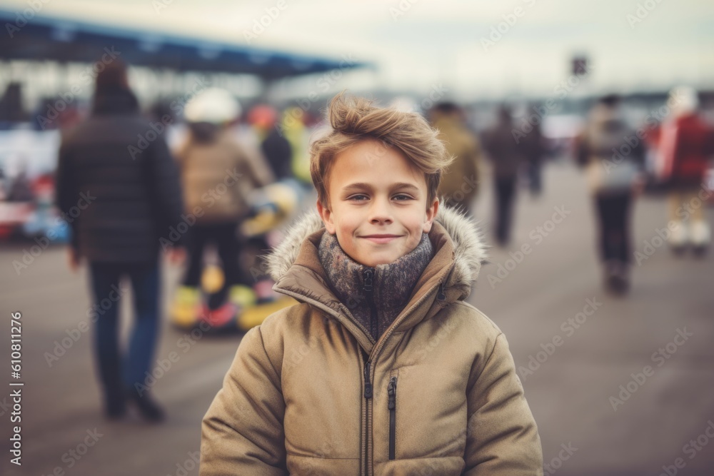 Portrait of a cute little boy with blond hair in a yellow jacket and gray scarf on the street.