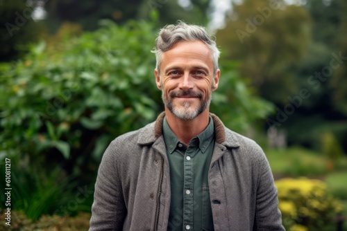Medium shot portrait photography of a grinning man in his 40s that is wearing a chic cardigan against a garden or botanical background . Generative AI