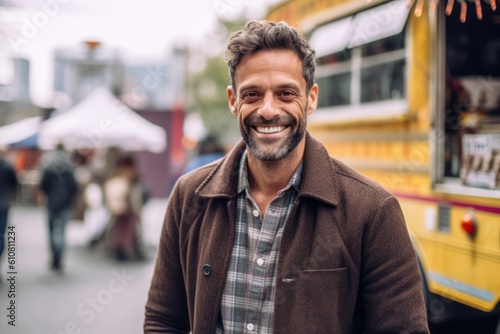 Portrait of handsome man smiling while standing at the street market.