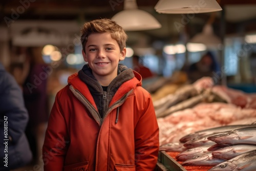 Portrait of a boy in a red jacket at the fish market