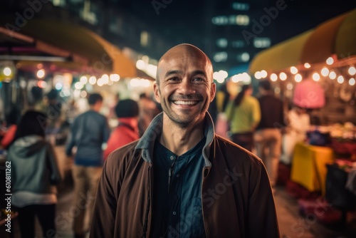 Medium shot portrait photography of a grinning man in his 40s that is wearing a chic cardigan against a lively night market with street food vendors background . Generative AI