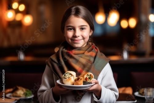 Portrait of a smiling little girl holding a plate with rolls in a restaurant