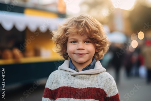 Medium shot portrait photography of a pleased child male that is wearing a cozy sweater against a food truck-lined street fair background . Generative AI