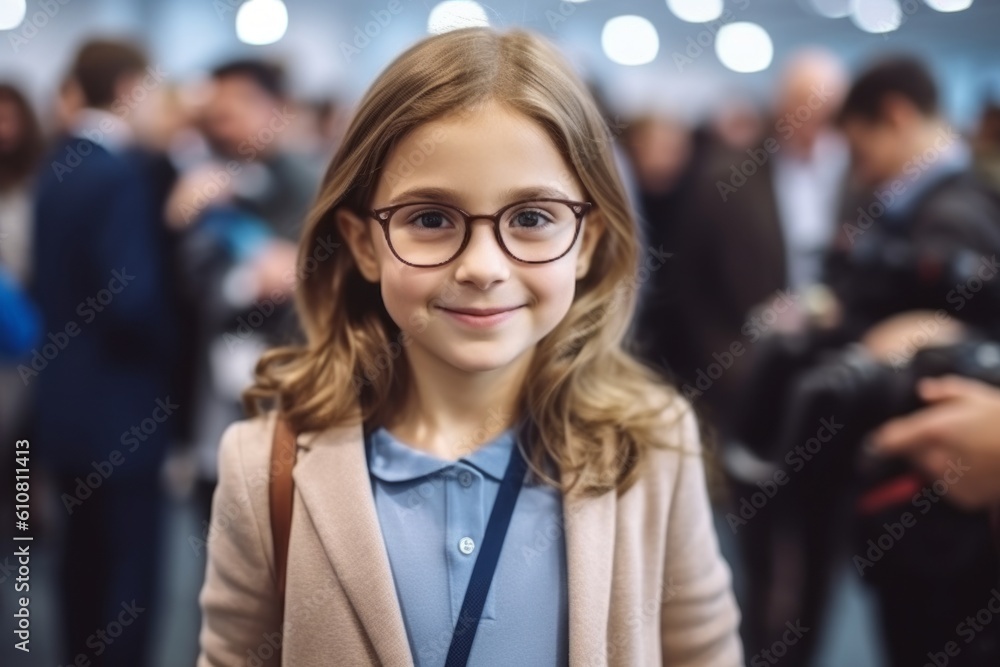 Portrait of cute little girl in eyeglasses at convention center Portrait of cute little girl in eyeglasses at convention center
