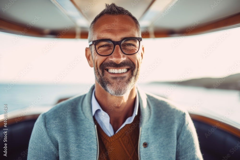 Medium shot portrait photography of a grinning man in his 40s that is wearing a chic cardigan against a speedboat or water sports background . Generative AI