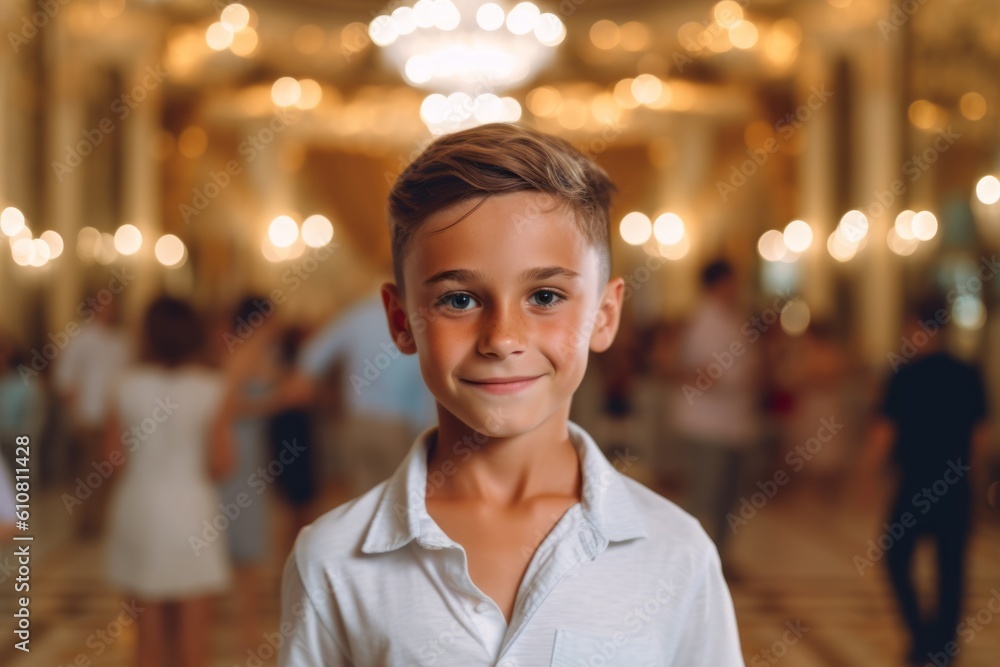 Portrait of a boy in a white T-shirt on a background of lights