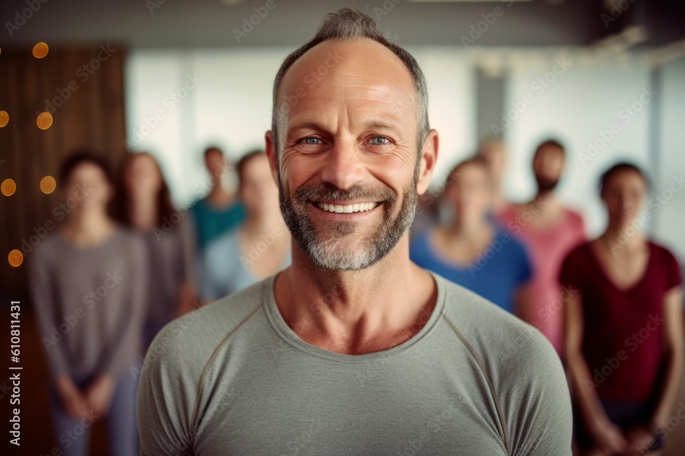 Medium shot portrait photography of a grinning man in his 40s that is wearing a chic cardigan against a serene yoga class setting with participants practicing background . Generative AI Medium shot portrait photography of a grinning man in his 40s that is wearing a chic cardigan against a serene yoga class setting with participants practicing background . Generative AI