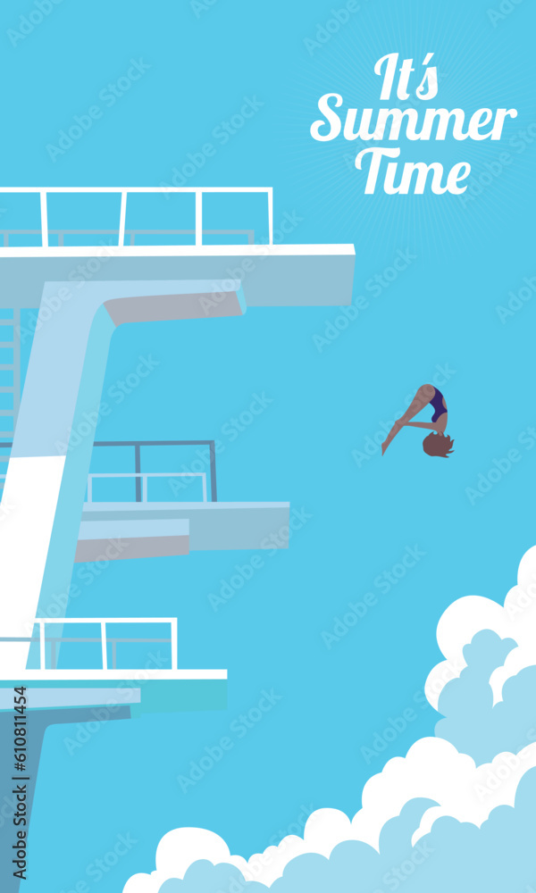 summer poster and banner wallpaper. illustration of a swimmer jumping high into a swimming pool