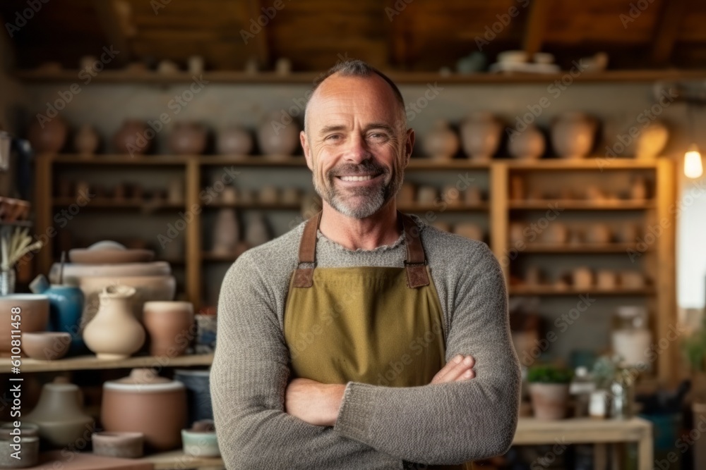 Medium shot portrait photography of a grinning man in his 40s that is wearing a chic cardigan against a traditional pottery studio with craftspeople at work background . Generative AI Medium shot portrait photography of a grinning man in his 40s that is wearing a chic cardigan against a traditional pottery studio with craftspeople at work background . Generative AI