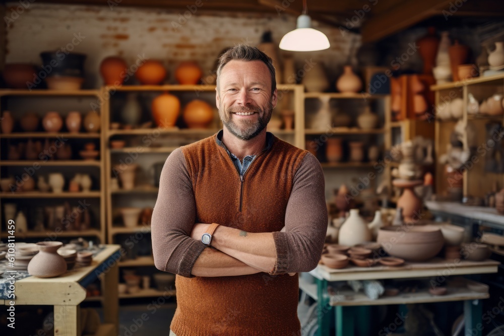 Portrait of smiling mature potter standing with arms crossed in pottery workshop Portrait of smiling mature potter standing with arms crossed in pottery workshop