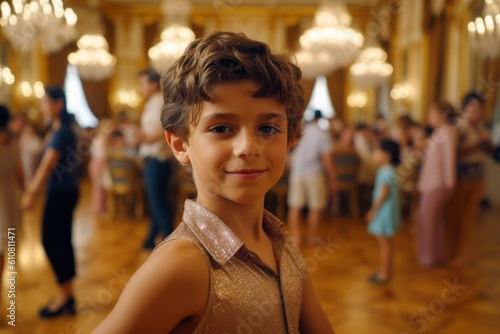 Portrait of a little boy in a golden dress in the hall