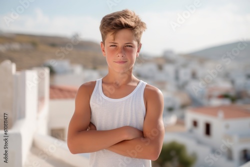 Medium shot portrait photography of a pleased child male that is wearing a sporty tank top against a traditional greek village with white buildings background .  Generative AI