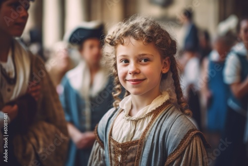 Cute little girl with curly hair in medieval costume posing in front of crowd of people