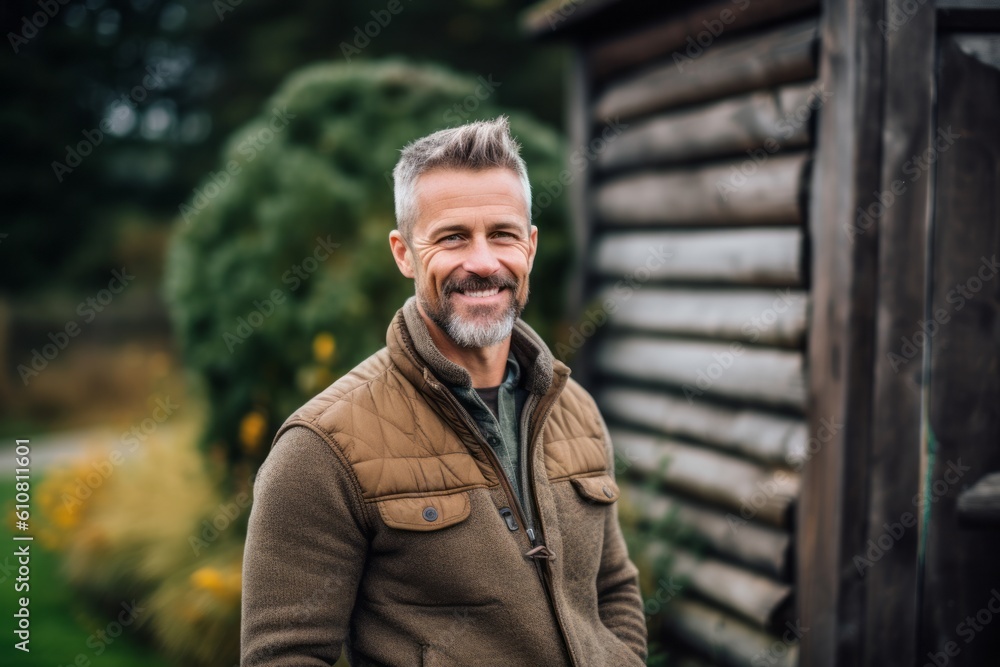 Medium shot portrait photography of a grinning man in his 40s that is wearing a chic cardigan against an animal rescue sanctuary with various wildlife background .  Generative AI