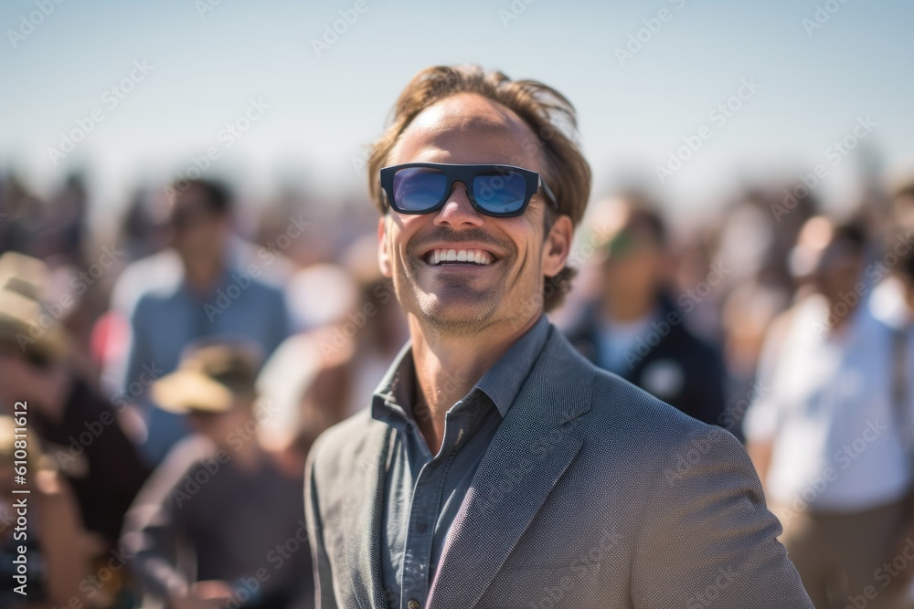 Handsome man with sunglasses at a music festival on a sunny day Handsome man with sunglasses at a music festival on a sunny day