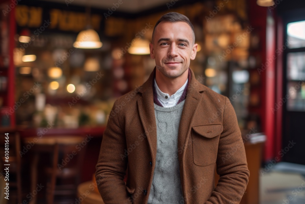 Portrait of handsome man smiling at camera while standing in coffee shop