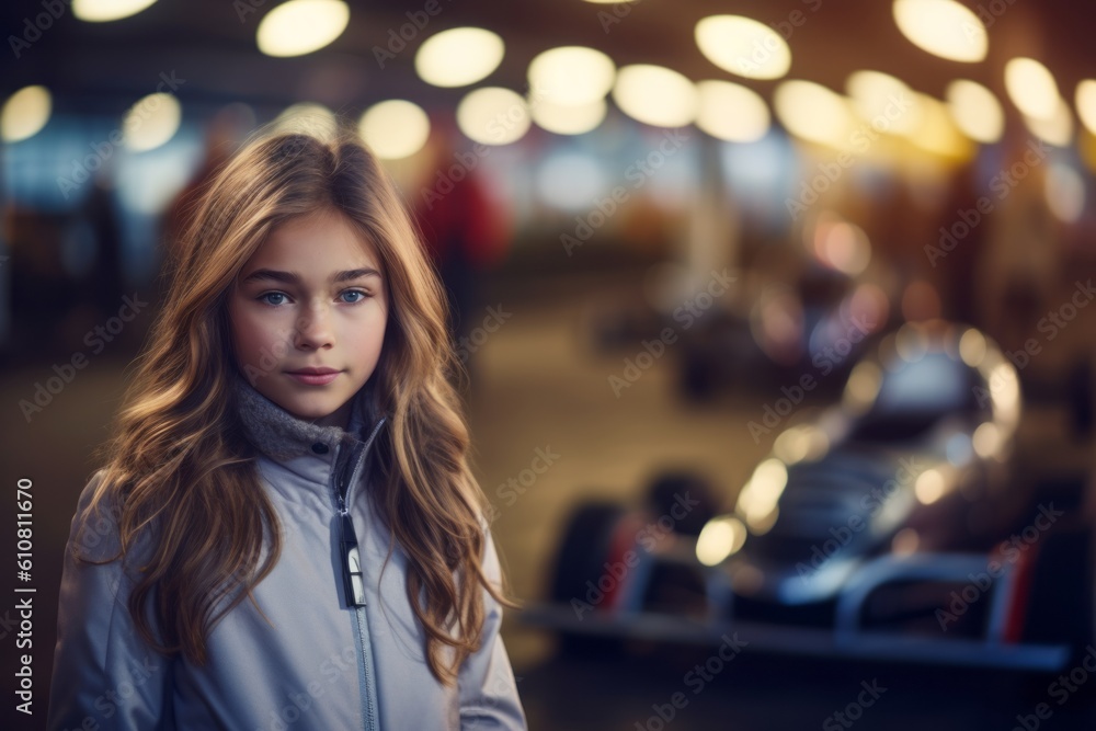 Portrait of a young girl in a car park. The girl is looking at the camera. Portrait of a young girl in a car park. The girl is looking at the camera.