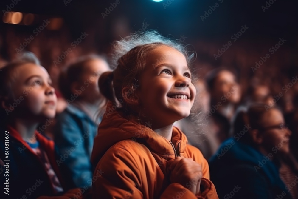 Medium shot portrait photography of a satisfied child female that is wearing a comfortable tracksuit against a crowded concert hall during a live performance background .  Generative AI