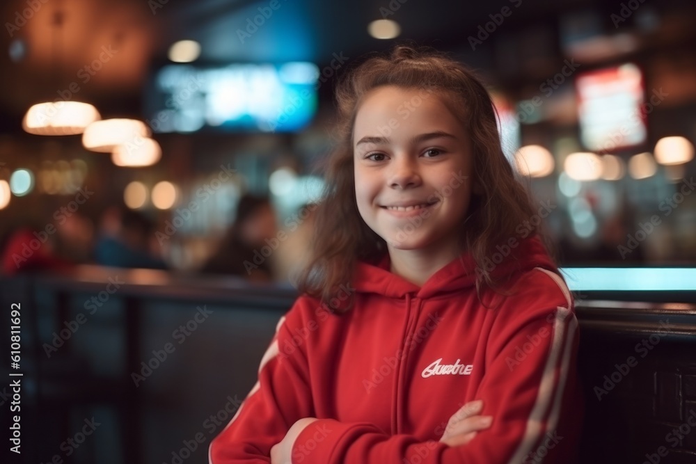 Portrait of a smiling little girl in a red hoodie in a restaurant Portrait of a smiling little girl in a red hoodie in a restaurant