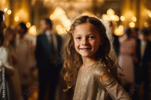Portrait of a smiling little girl on the background of the wedding