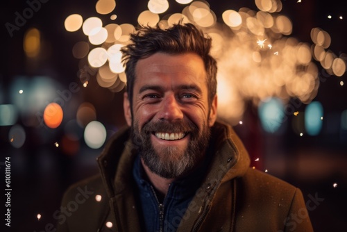 Portrait of a smiling man in the city with lights on background
