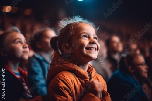 Medium shot portrait photography of a satisfied child female that is wearing a comfortable tracksuit against a crowded concert hall during a live performance background .  Generative AI © Robert MEYNER