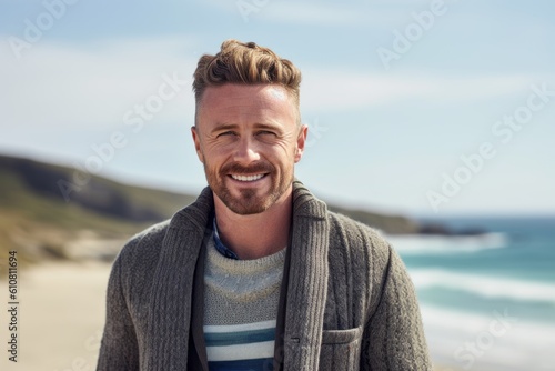 Portrait of smiling man standing at beach on an autumns day