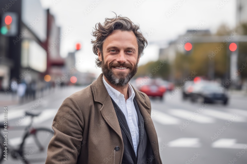 Portrait of handsome man with curly hair in the city street. Portrait of handsome man with curly hair in the city street.