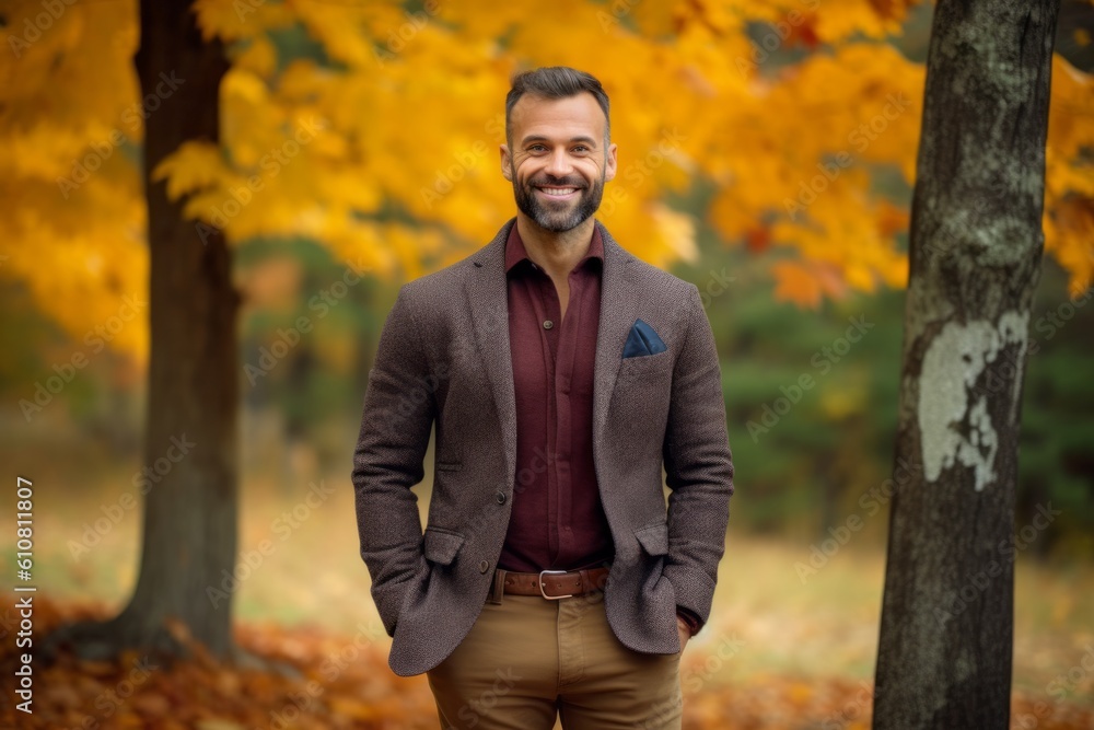 Portrait of a handsome man in the autumn park. Smiling man in a jacket.