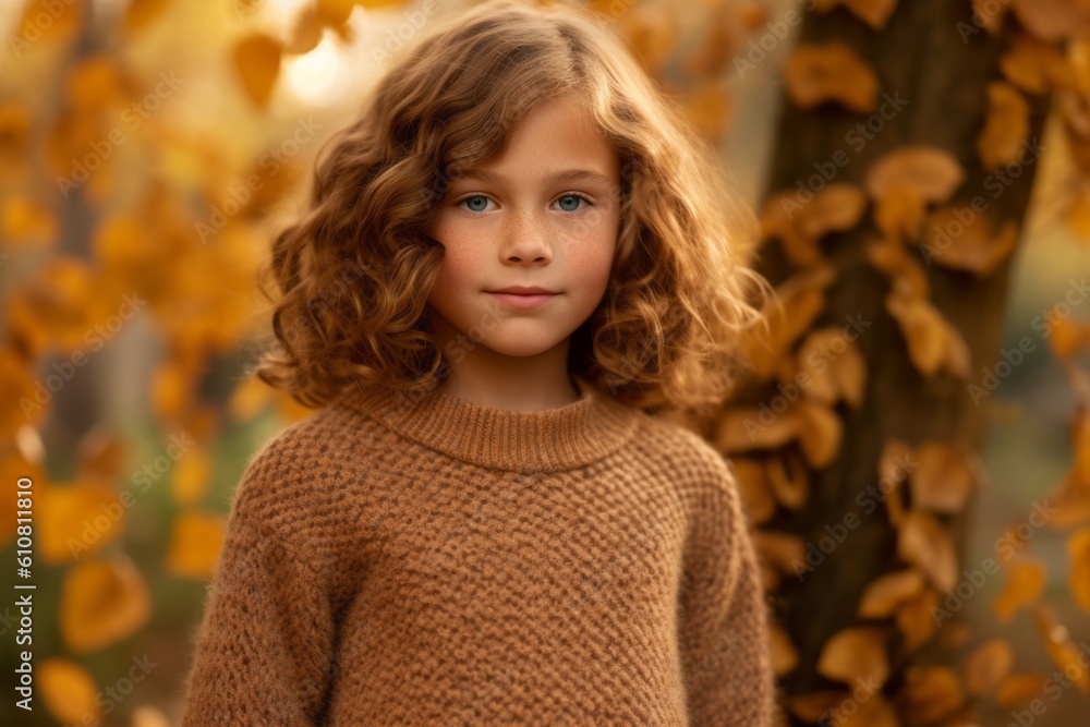 Fototapeta premium Portrait of a beautiful little girl with curly hair in autumn park