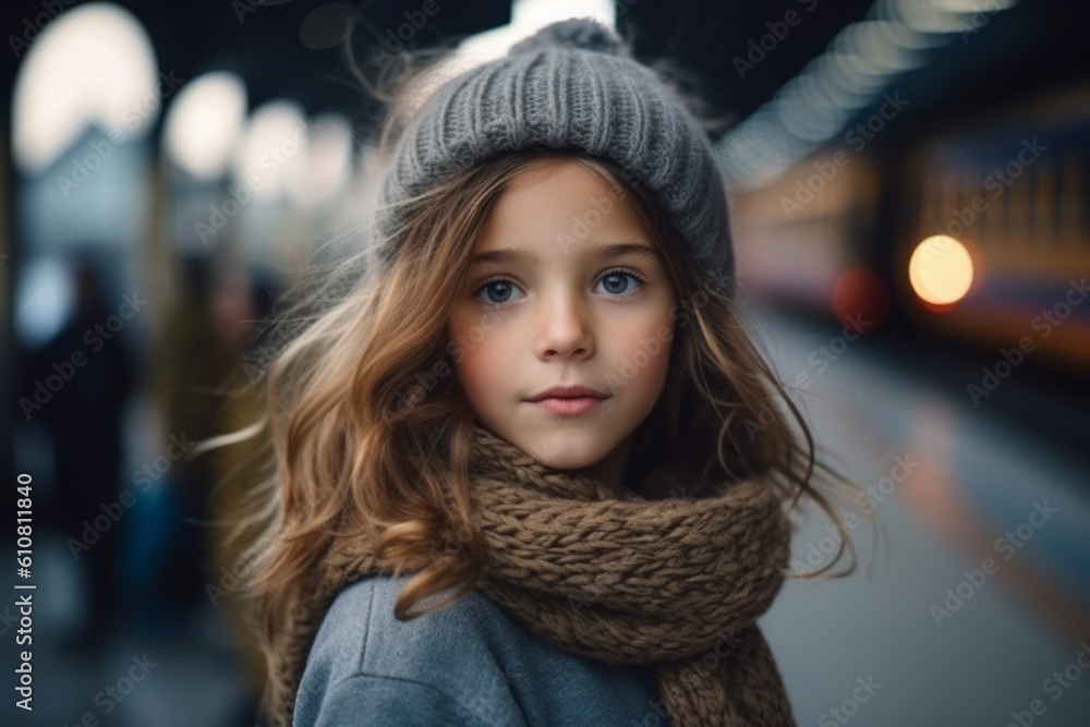 portrait of a little girl in a hat and scarf on the background of the train station portrait of a little girl in a hat and scarf on the background of the train station