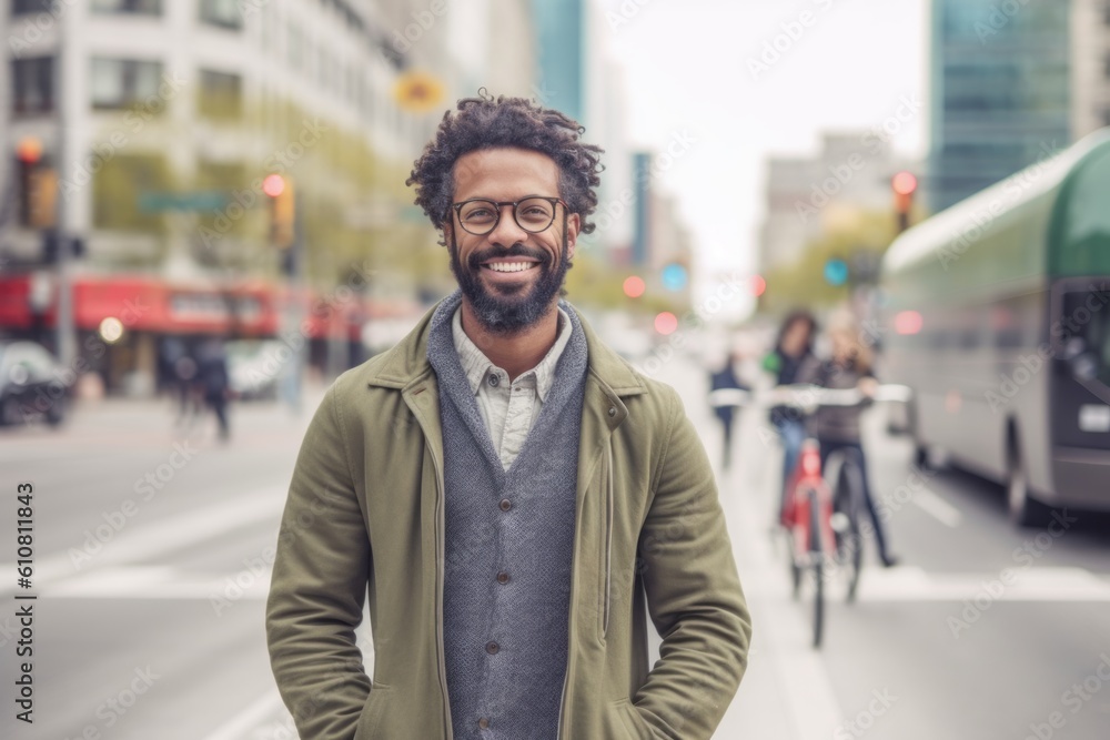 Portrait of handsome young man with curly hair in the city streets Portrait of handsome young man with curly hair in the city streets