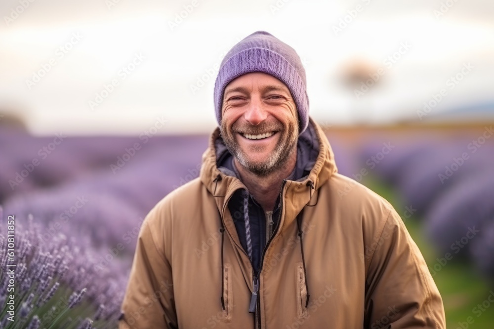 Portrait of happy mature man standing in lavender field and smiling Portrait of happy mature man standing in lavender field and smiling